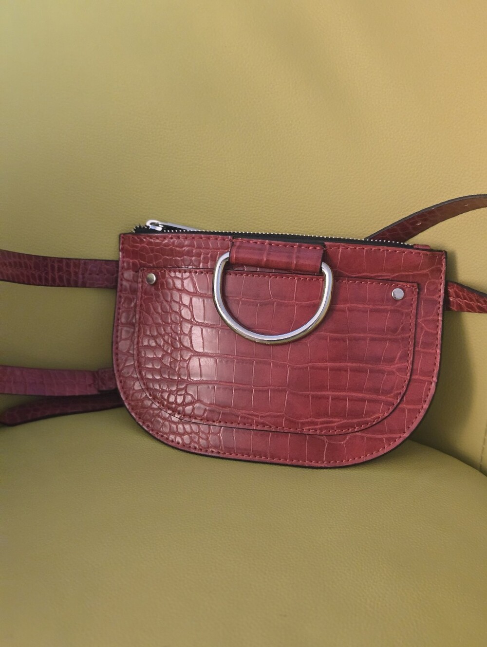 Zara Red Croc-Texture Crossbody Bag with Silver Ring